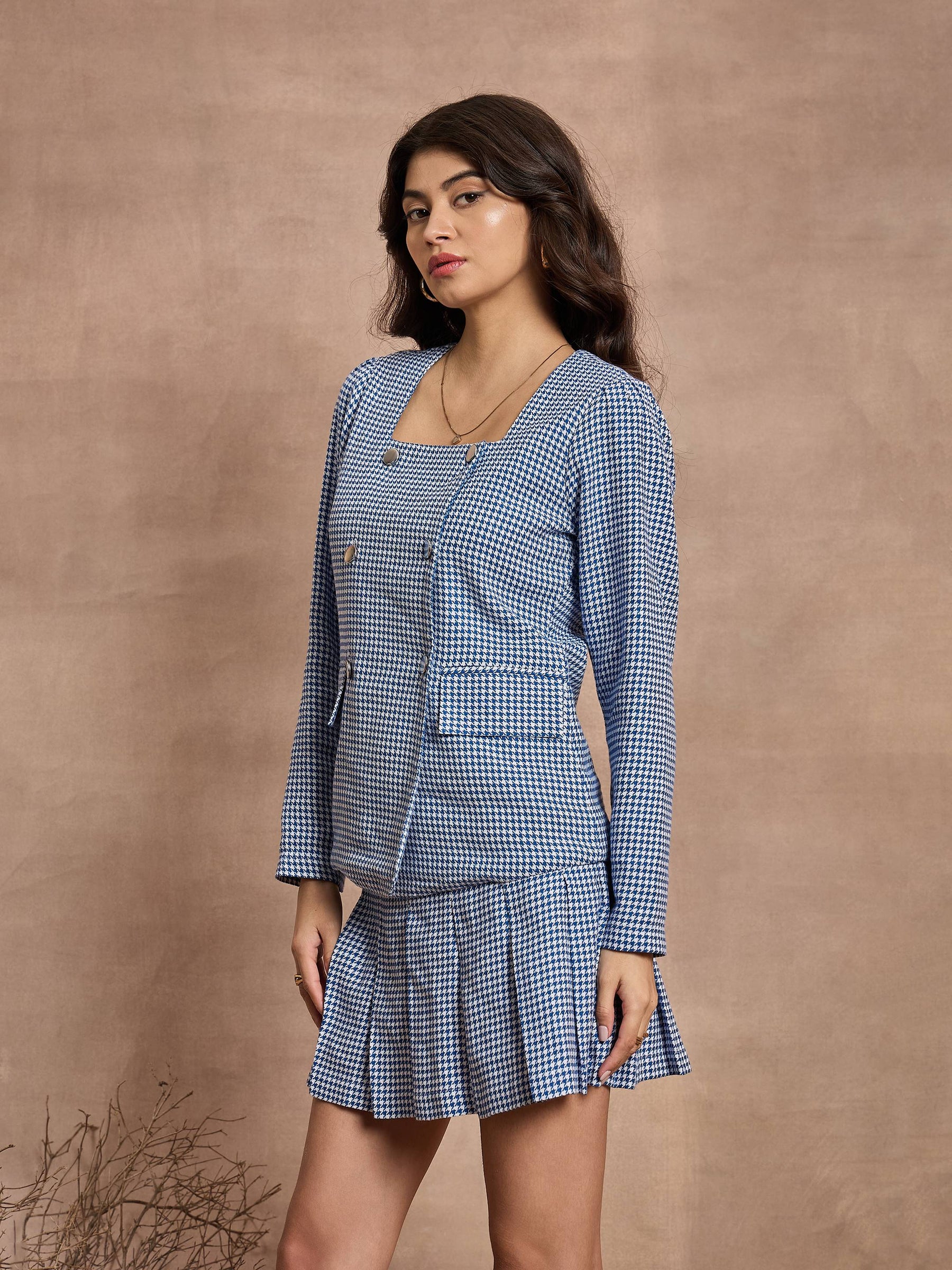 Blue Houndstooth Top With Mini Skirt-SASSAFRAS