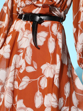 Women Brown Floral Top with A-Line Belted Skirt