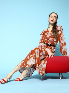 Brown Floral Top with A-Line Belted Skirt-SASSAFRAS