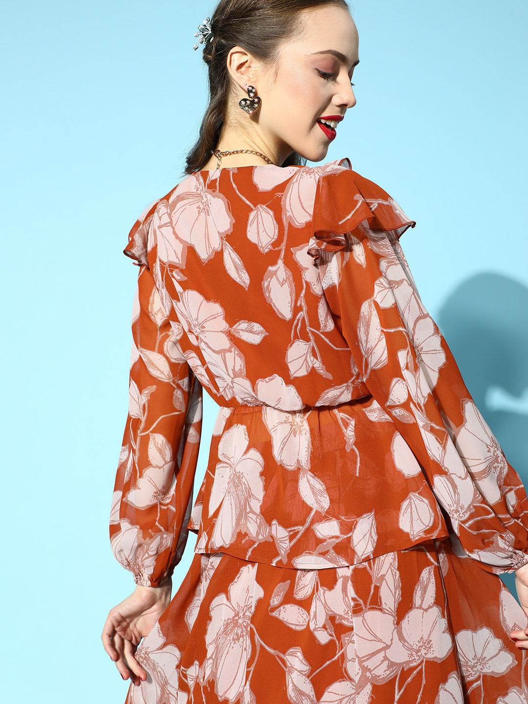 Brown Floral Top with A-Line Belted Skirt-SASSAFRAS