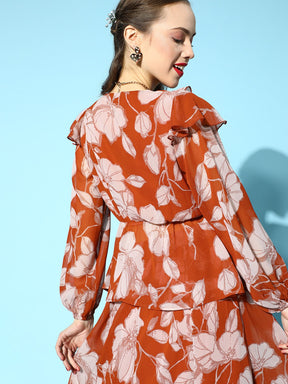 Brown Floral Top with A-Line Belted Skirt-SASSAFRAS