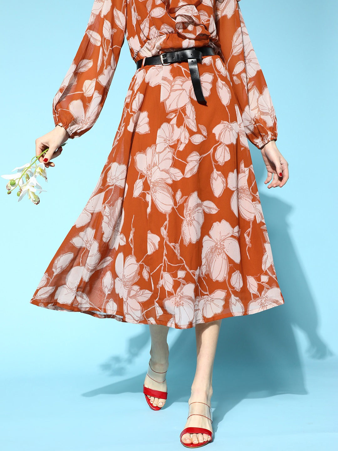 Brown Floral Top with A-Line Belted Skirt-SASSAFRAS