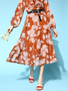 Brown Floral Top with A-Line Belted Skirt-SASSAFRAS