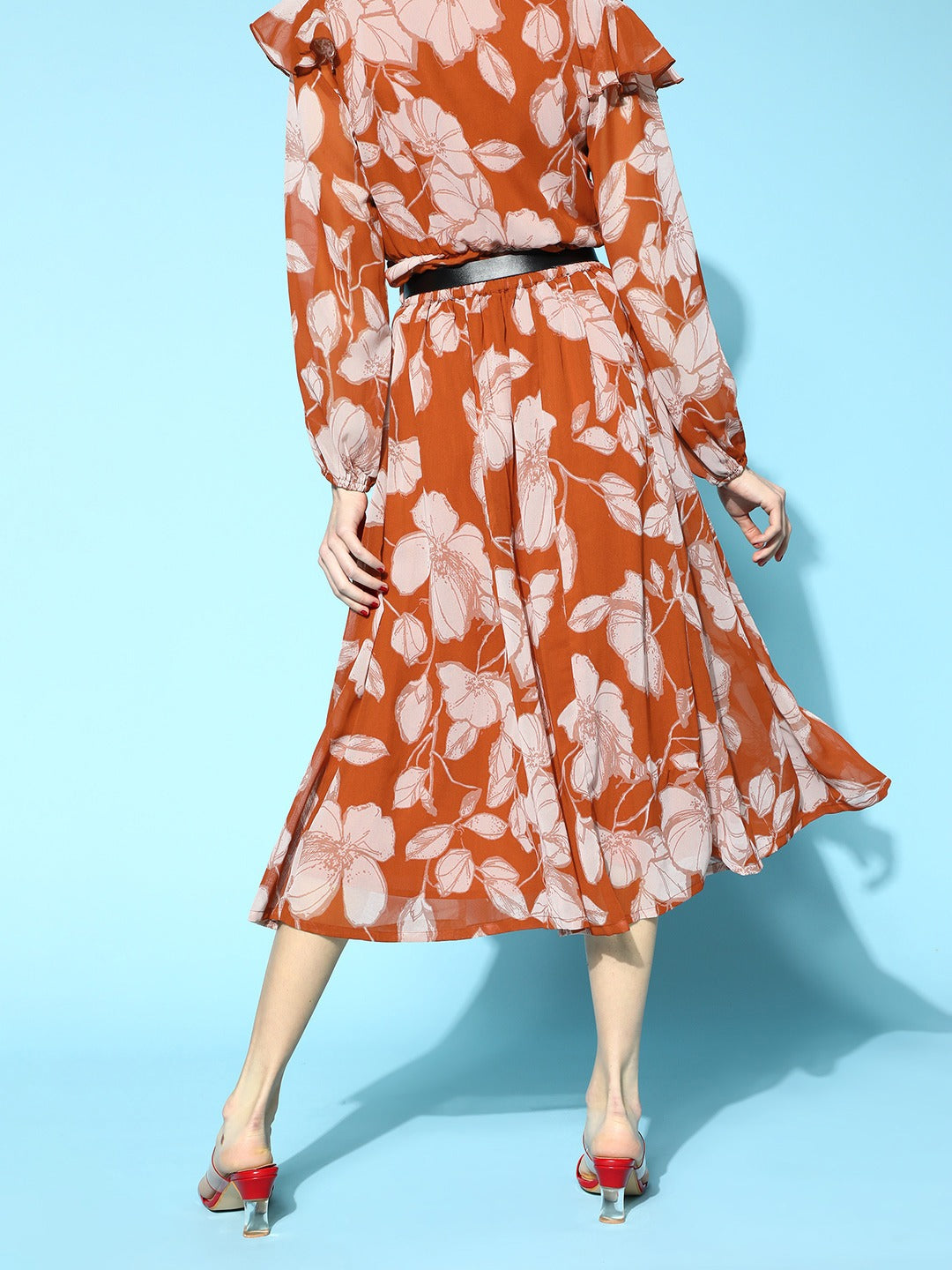 Women Brown Floral Top with A-Line Belted Skirt