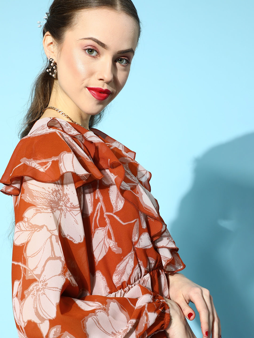 Women Brown Floral Top with A-Line Belted Skirt
