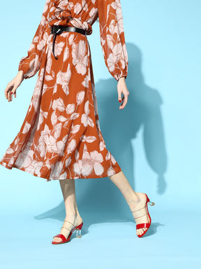 Women Brown Floral Top with A-Line Belted Skirt