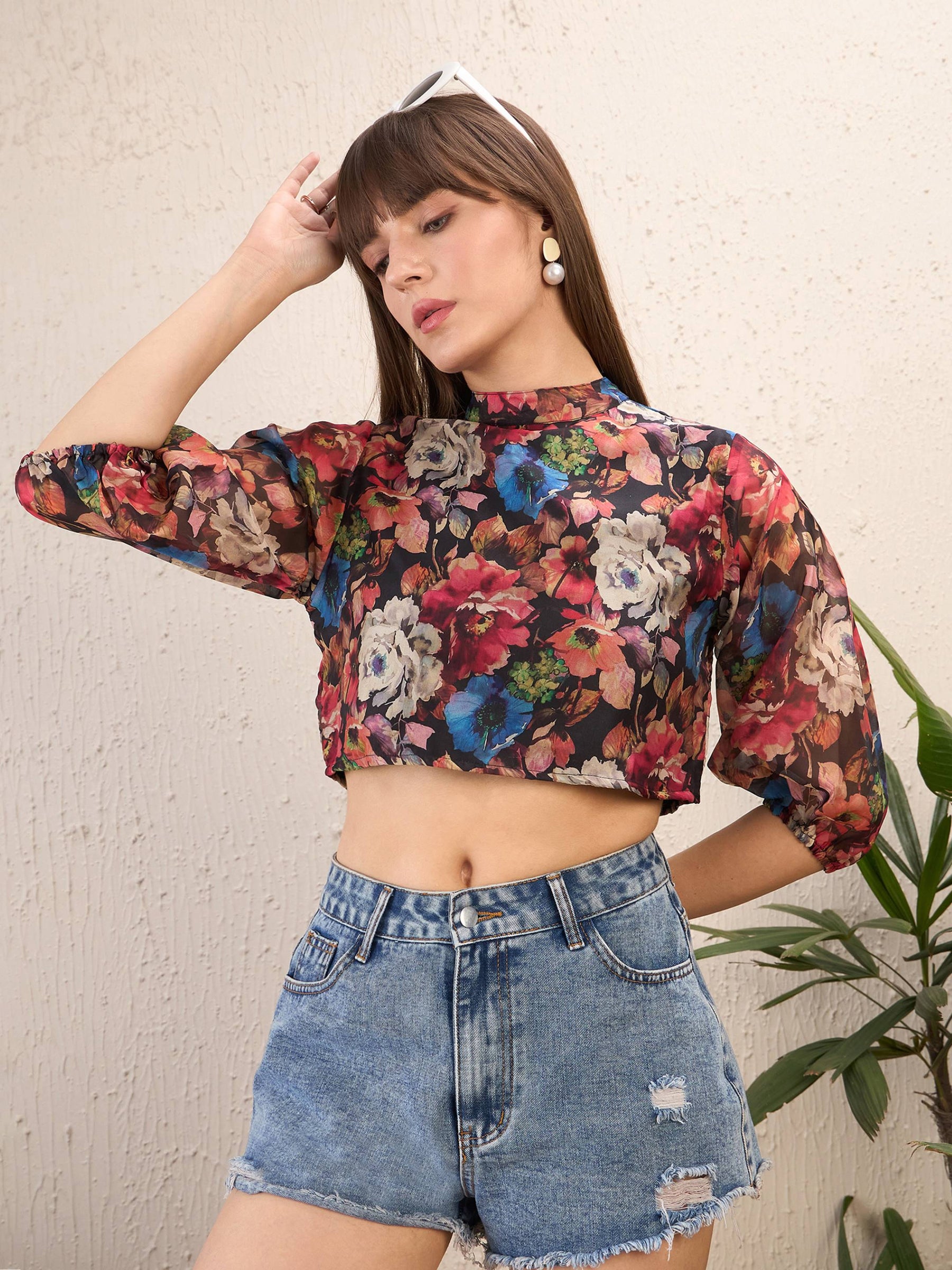 Black Organza Floral Boxy Top-SASSAFRAS