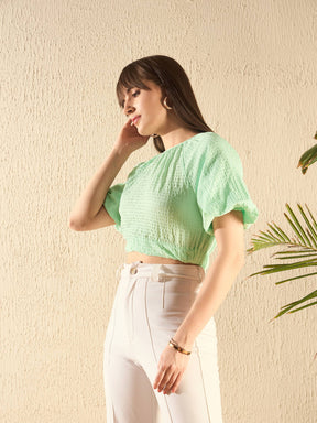 Mint Green Balloon Sleeve Boxy Crop Top-SASSAFRAS