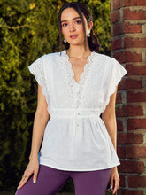 Women White Schiffli V-Neck Top