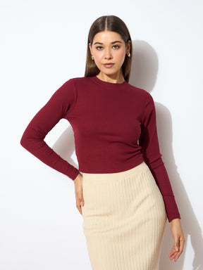 Maroon Back Cut Out Full Sleeves Rib Top-SASSAFRAS