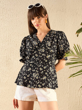 Black Floral Button Detail Peplum Top-SASSAFRAS