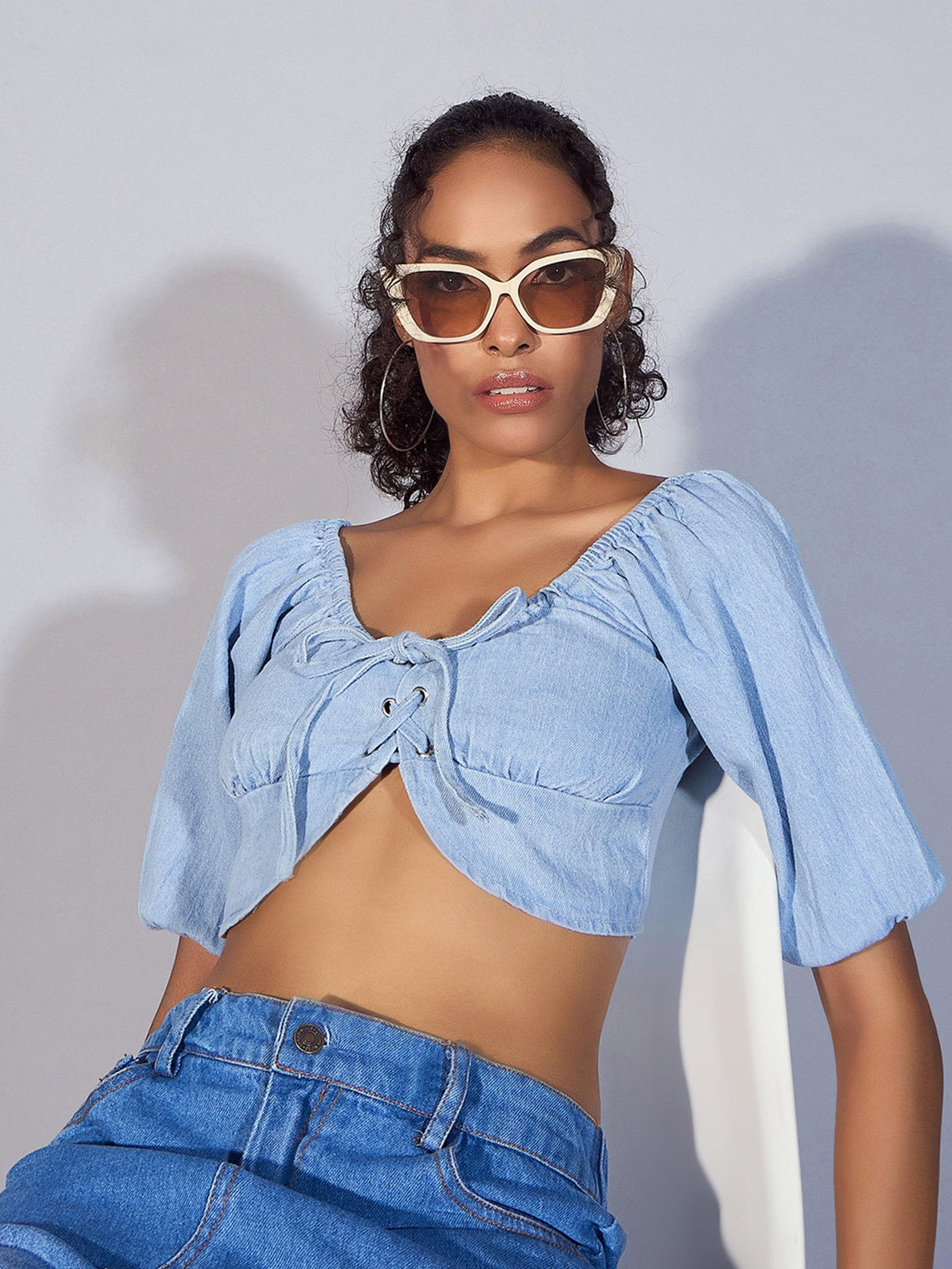 Women Ice Blue Denim Puff Sleeve Crop Top