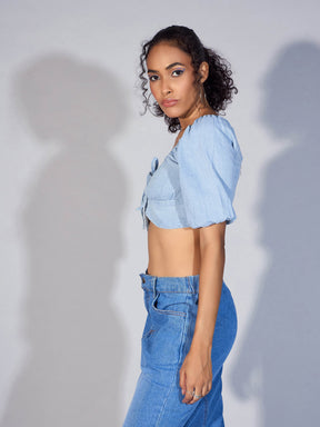 Women Ice Blue Denim Puff Sleeve Crop Top