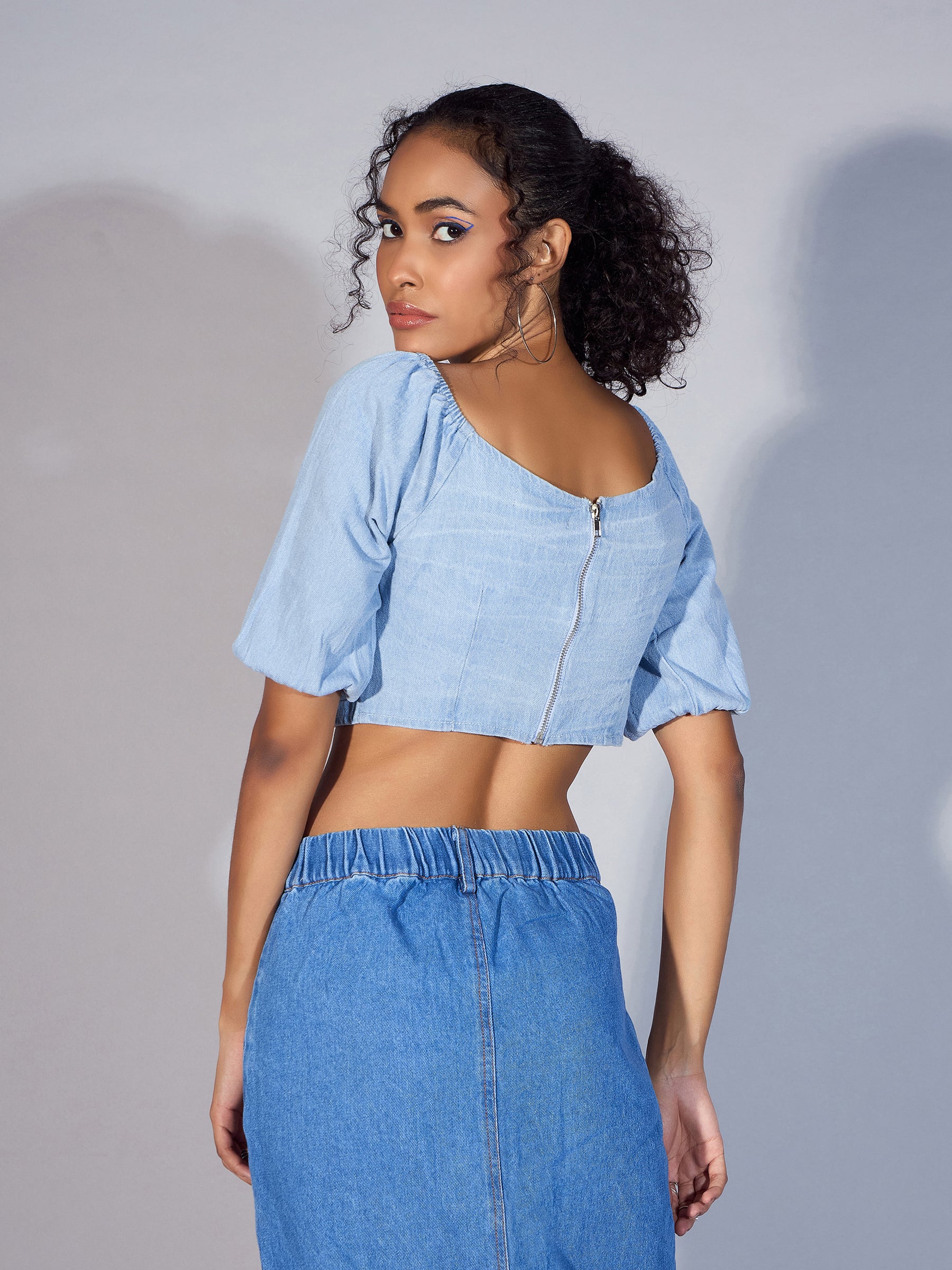 Women Ice Blue Denim Puff Sleeve Crop Top