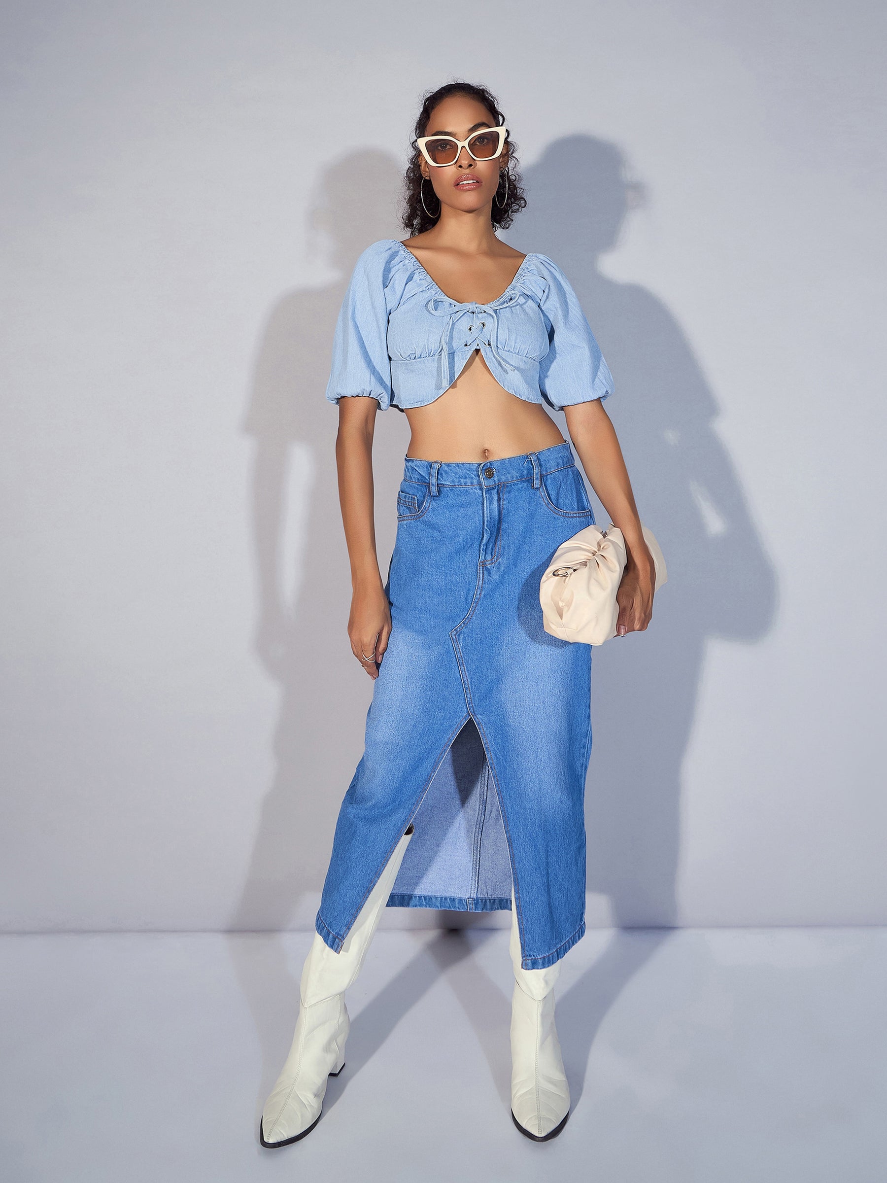 Women Ice Blue Denim Puff Sleeve Crop Top