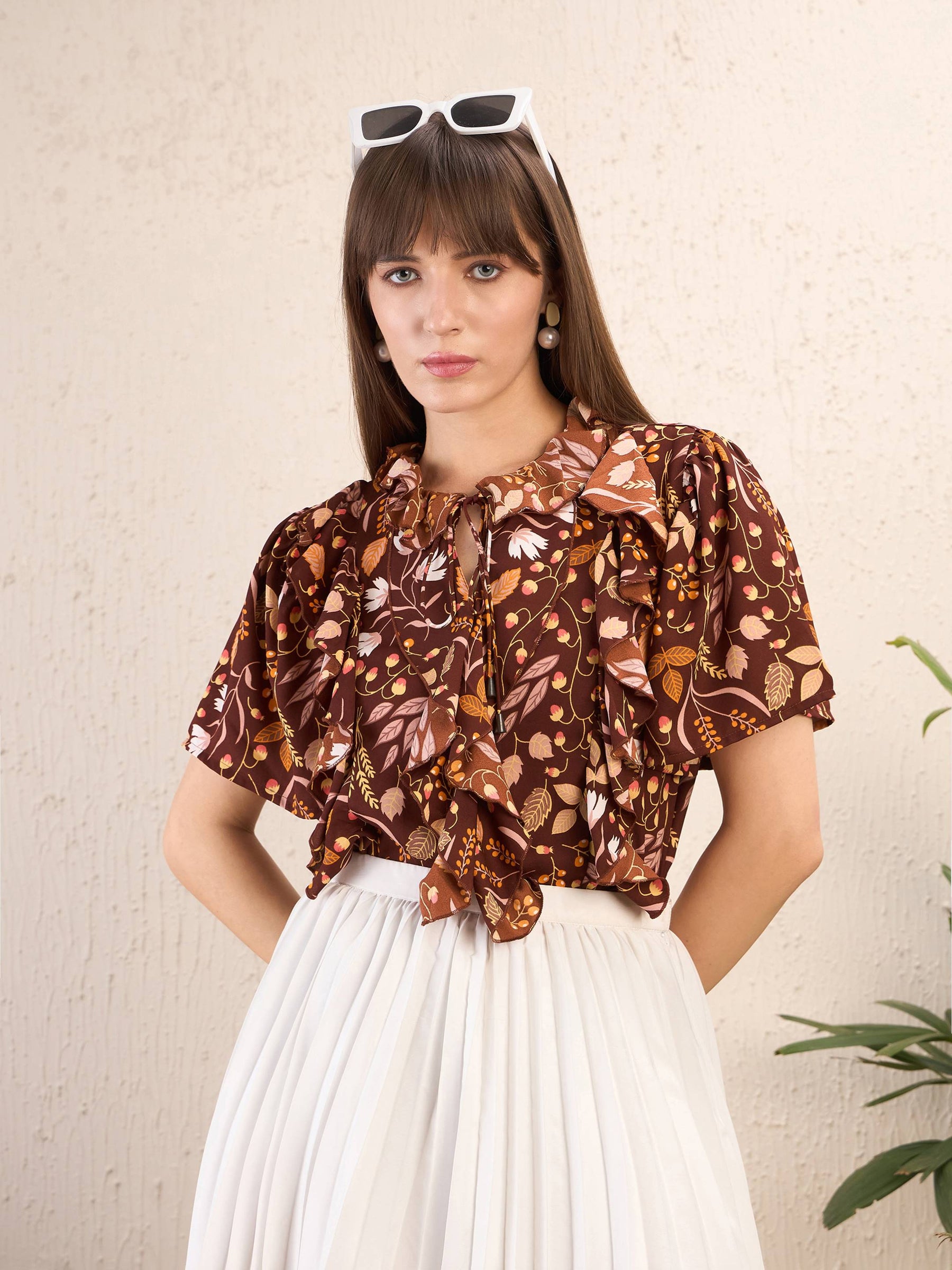 Brown Floral Front Tie-Neck Ruffle Top-SASSAFRAS