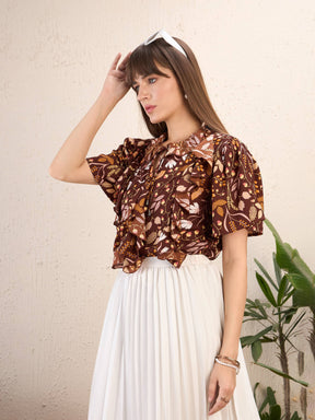 Brown Floral Front Tie-Neck Ruffle Top-SASSAFRAS