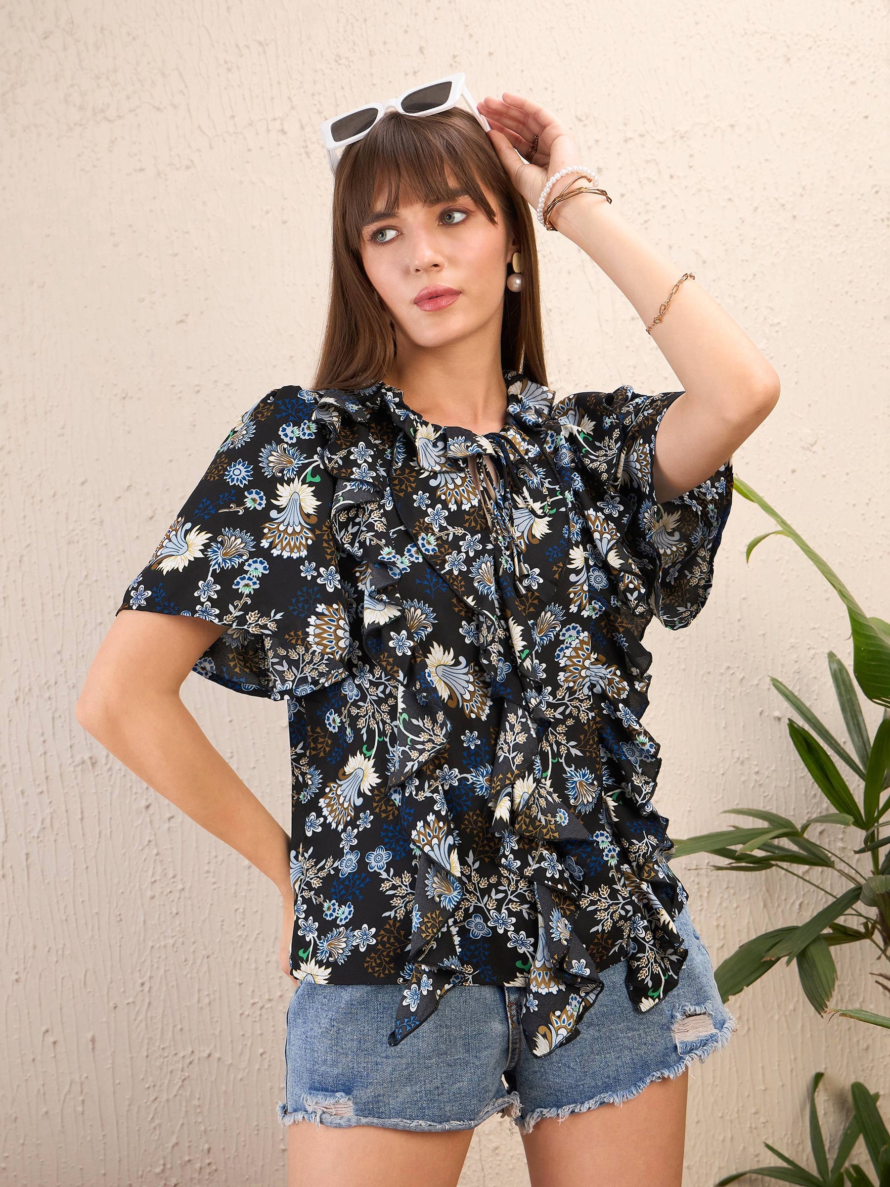 Navy Floral Front Tie-Neck Ruffle Top-SASSAFRAS