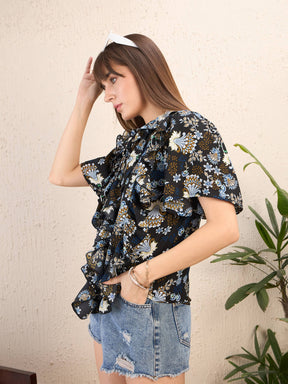 Navy Floral Front Tie-Neck Ruffle Top-SASSAFRAS