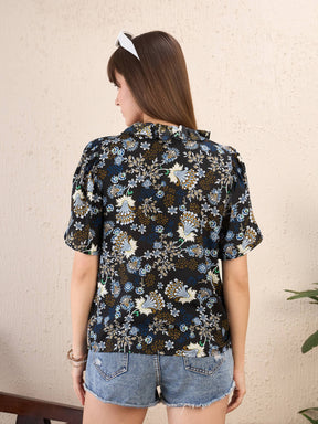 Navy Floral Front Tie-Neck Ruffle Top-SASSAFRAS