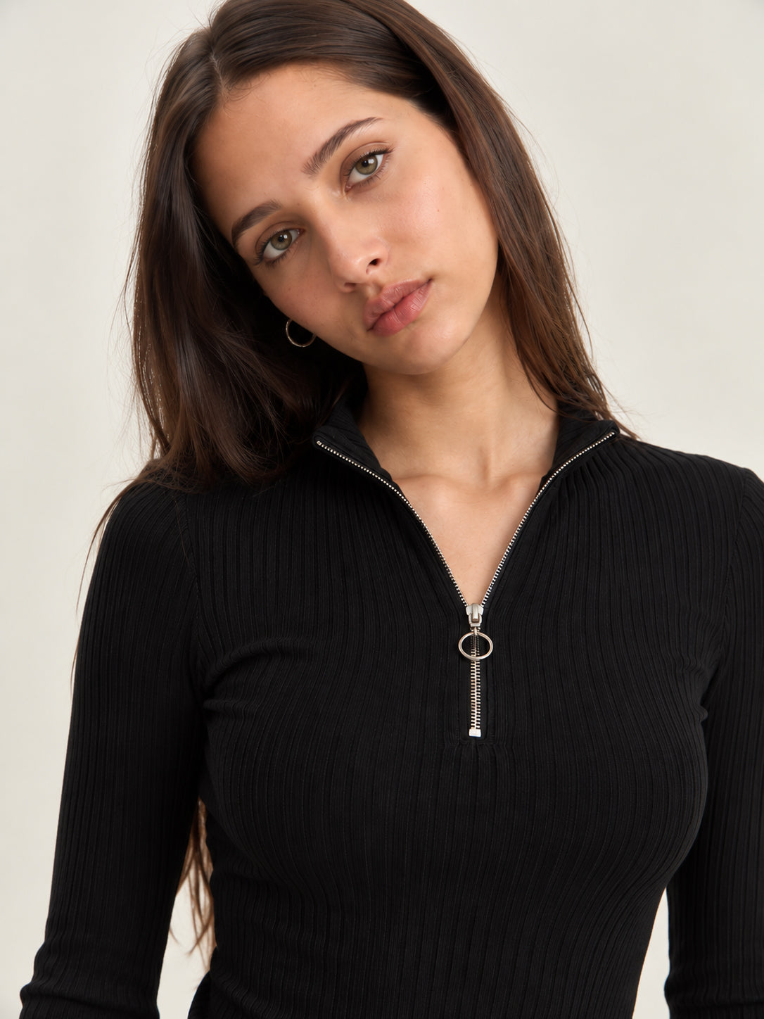 Black Rib Front Zipper Full Sleeves Top-SASSAFRAS