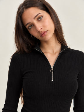 Black Rib Front Zipper Full Sleeves Top-SASSAFRAS
