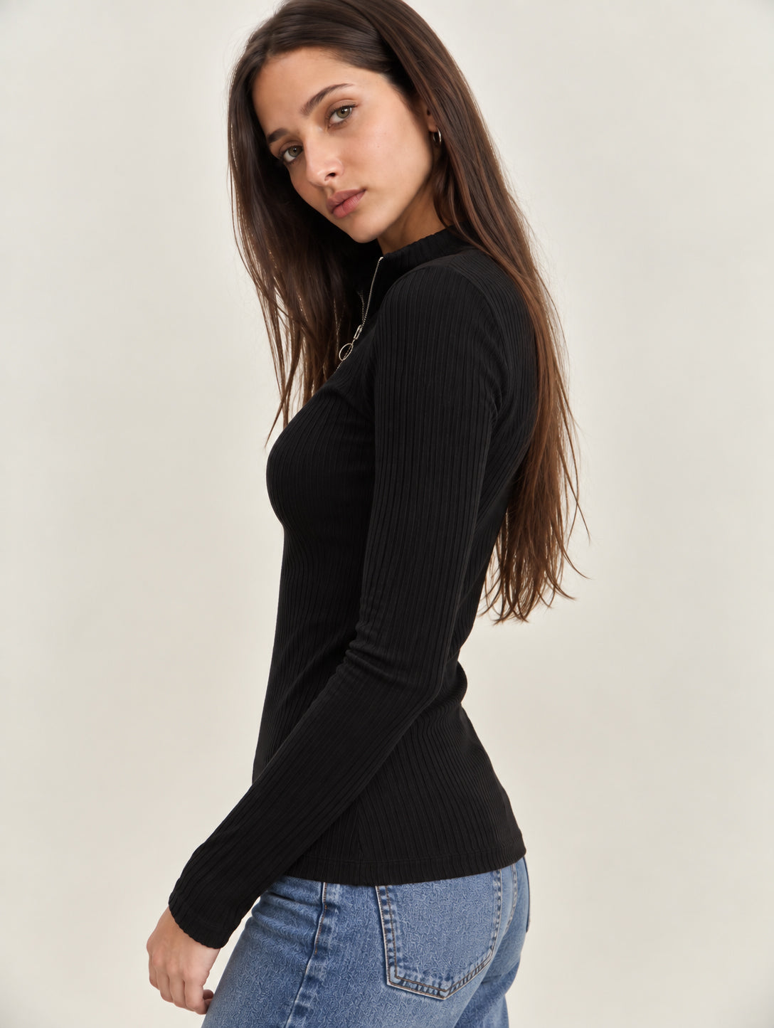 Black Rib Front Zipper Full Sleeves Top-SASSAFRAS