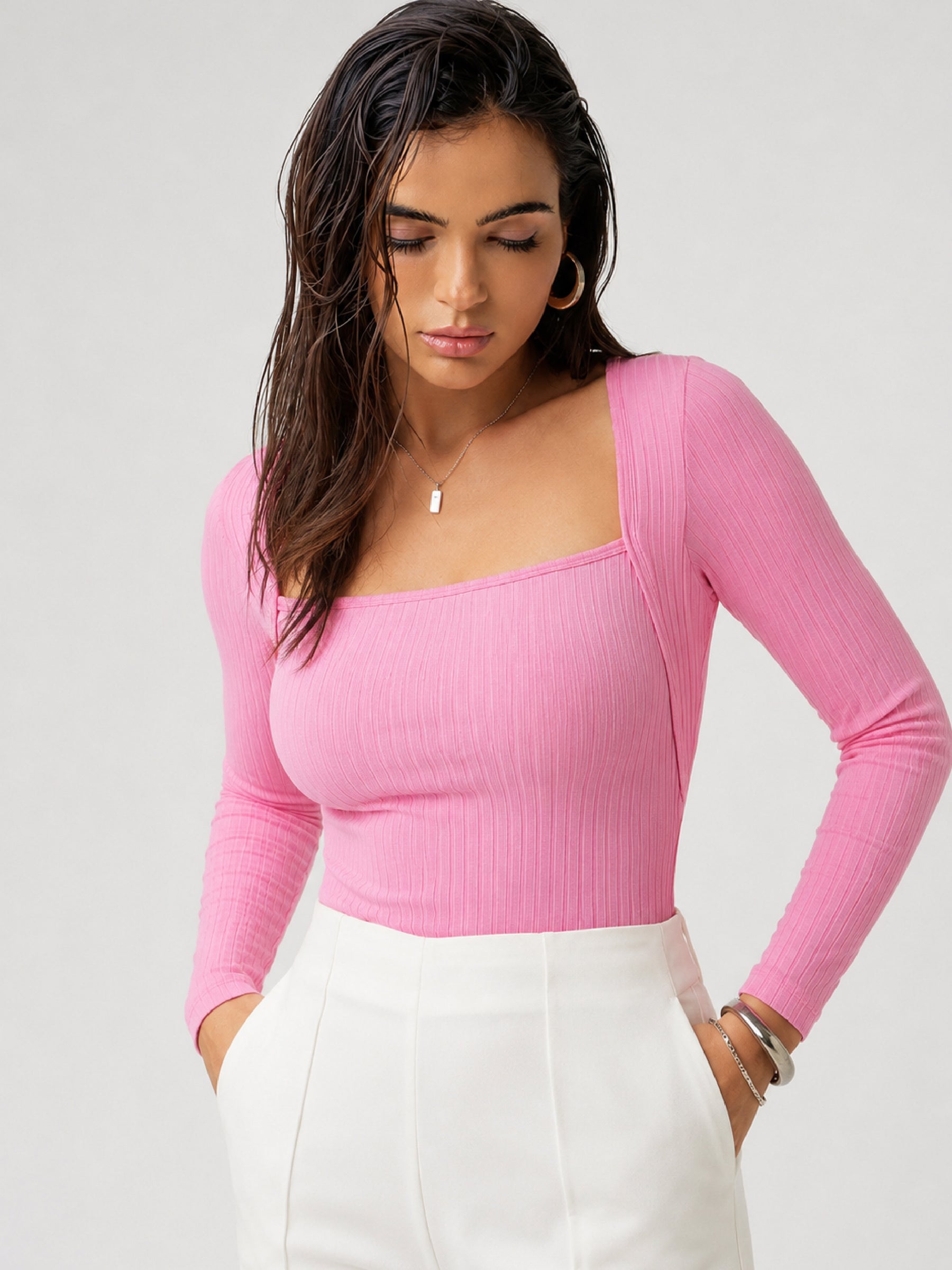 Women Pink Rib Square Neck Full Sleeves Top