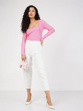 Women Pink Rib Square Neck Full Sleeves Top