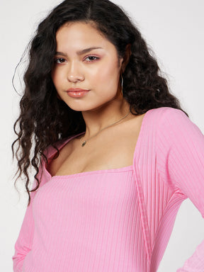 Women Pink Rib Square Neck Full Sleeves Top