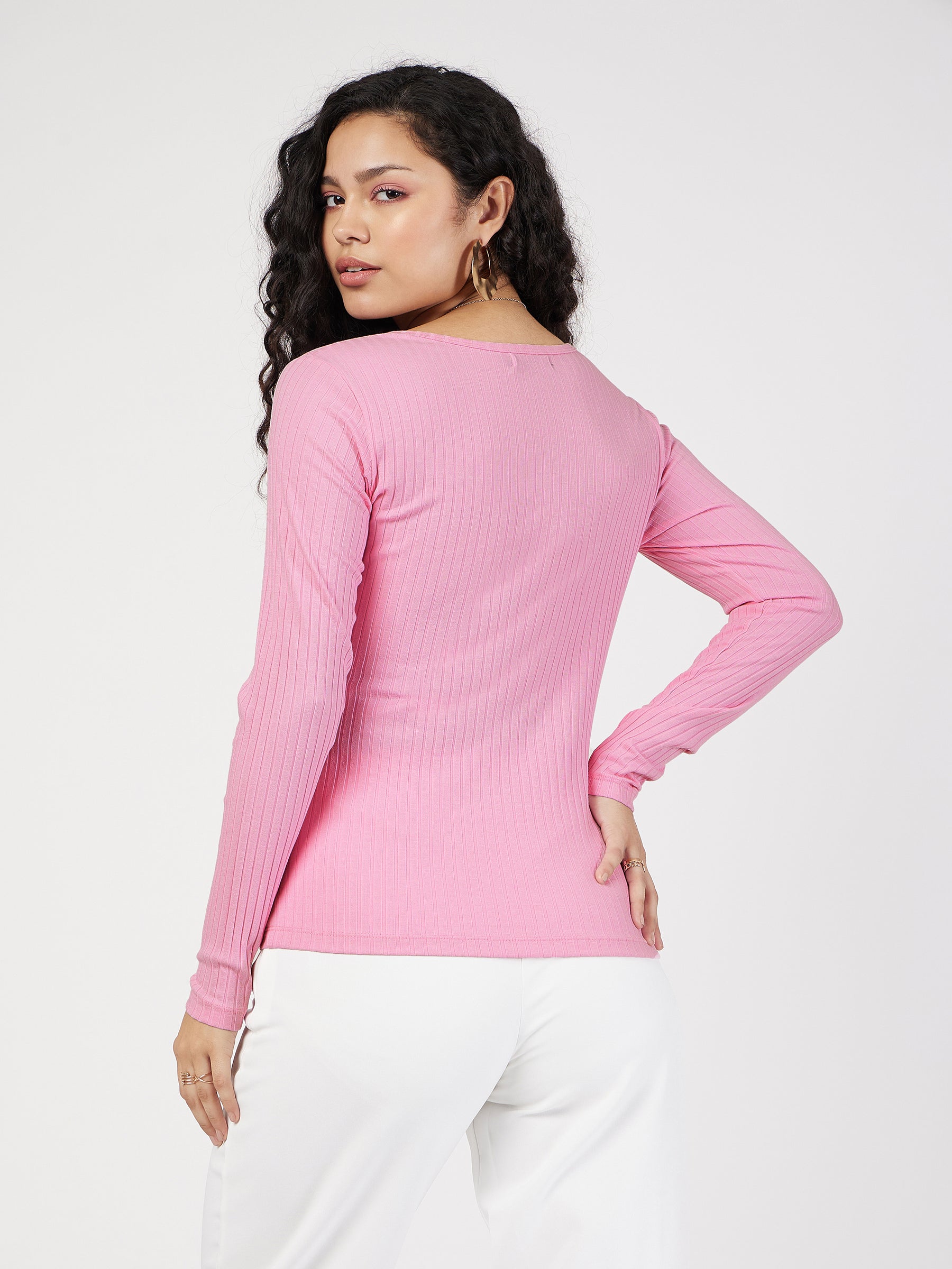 Women Pink Rib Square Neck Full Sleeves Top