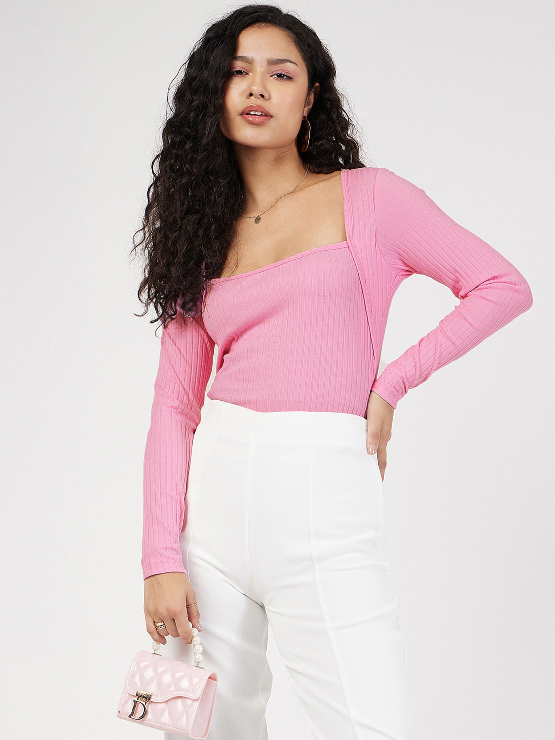 Women Pink Rib Square Neck Full Sleeves Top