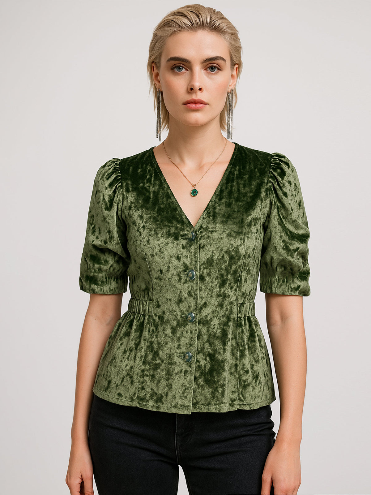 Olive Velvet Front Button Top-SASSAFRAS