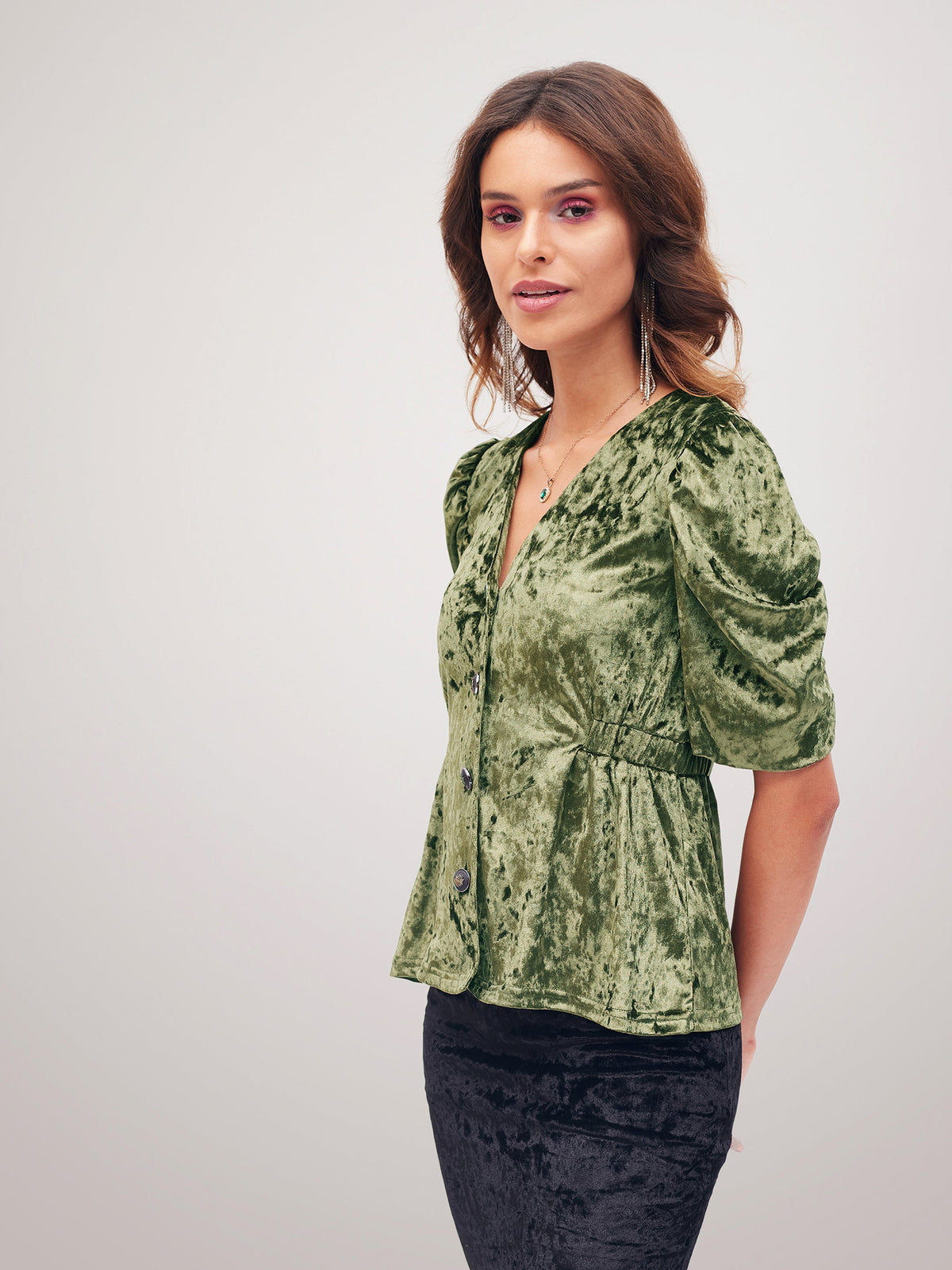 Olive Velvet Front Button Top-SASSAFRAS