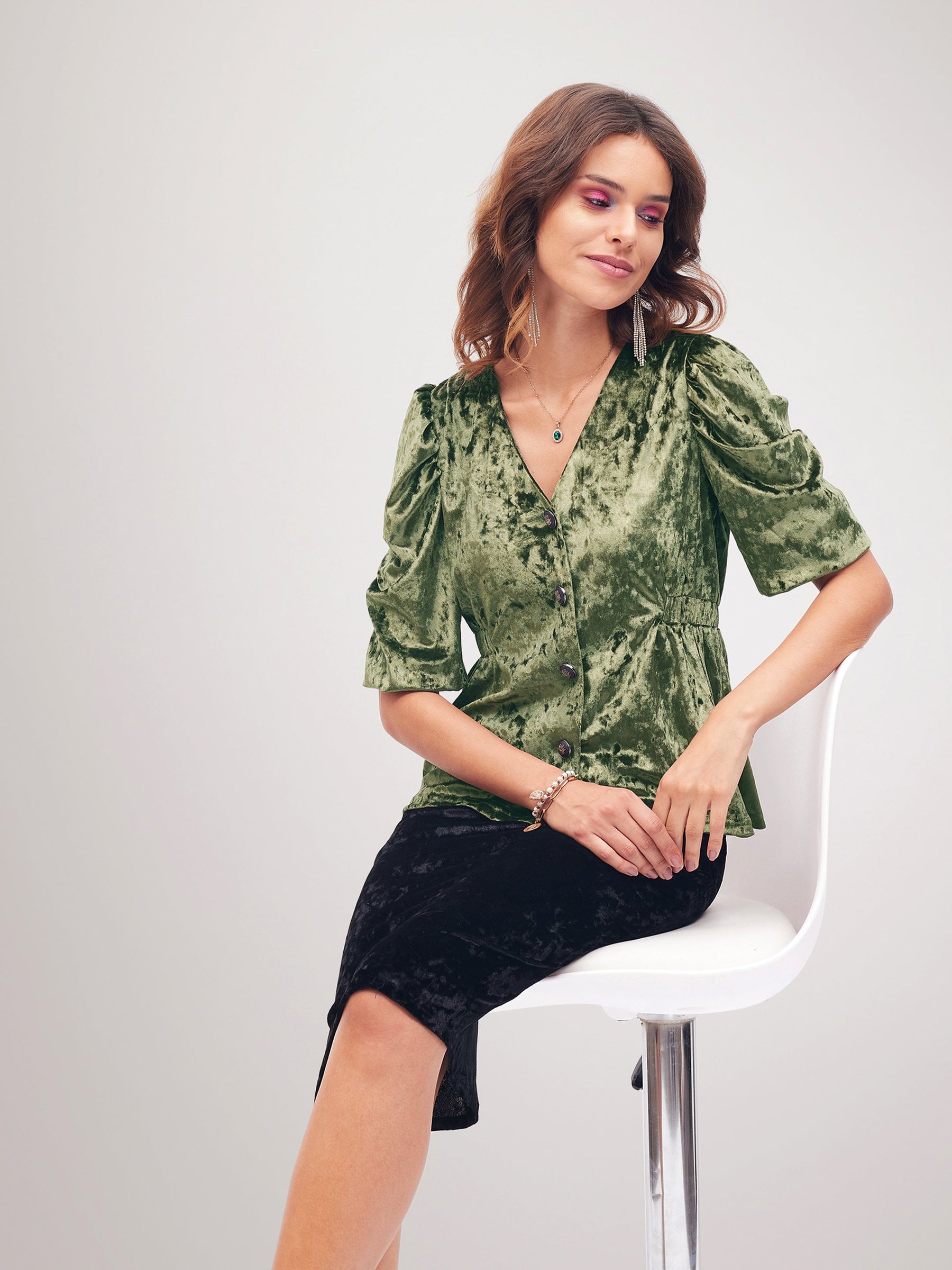 Olive Velvet Front Button Top-SASSAFRAS