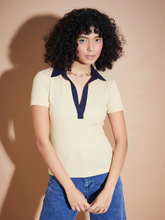 Women Off White Rib Contrast Polo Neck Top