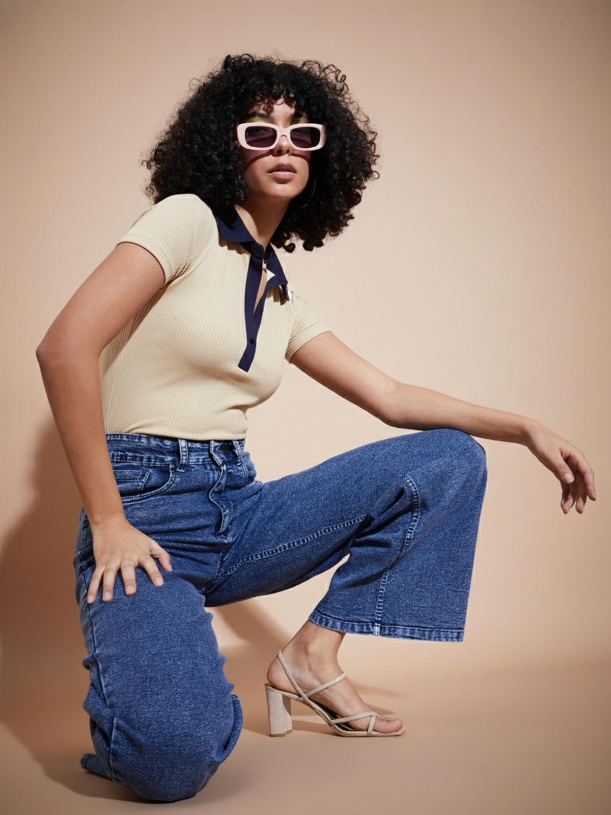 Women Off White Rib Contrast Polo Neck Top