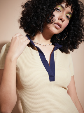 Women Off White Rib Contrast Polo Neck Top