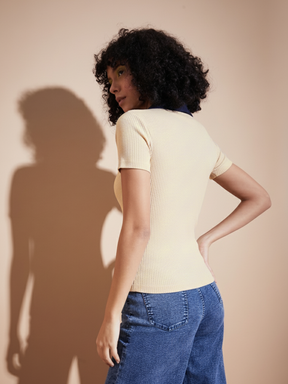 Women Off White Rib Contrast Polo Neck Top