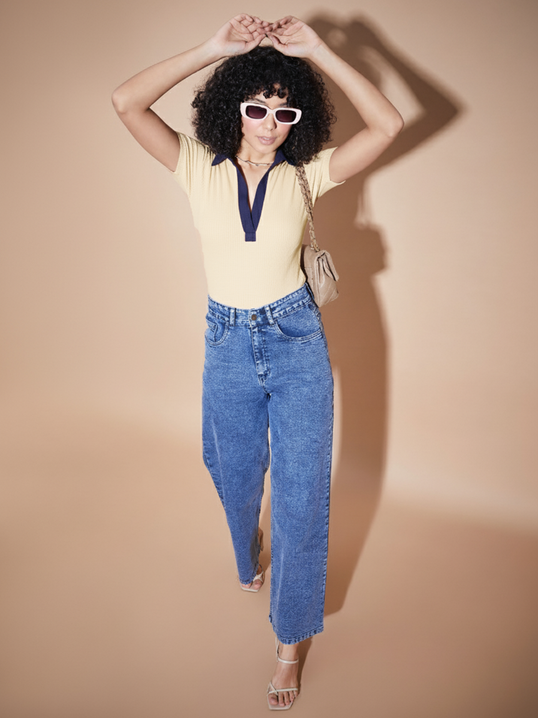 Women Off White Rib Contrast Polo Neck Top