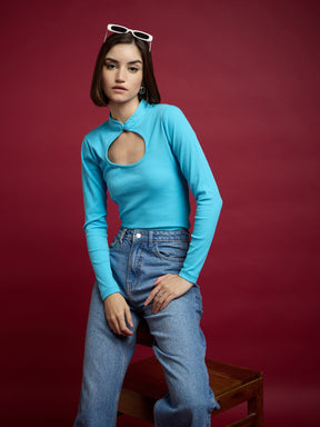 Turquoise Rib Neck Cut Out Top-SASSAFRAS