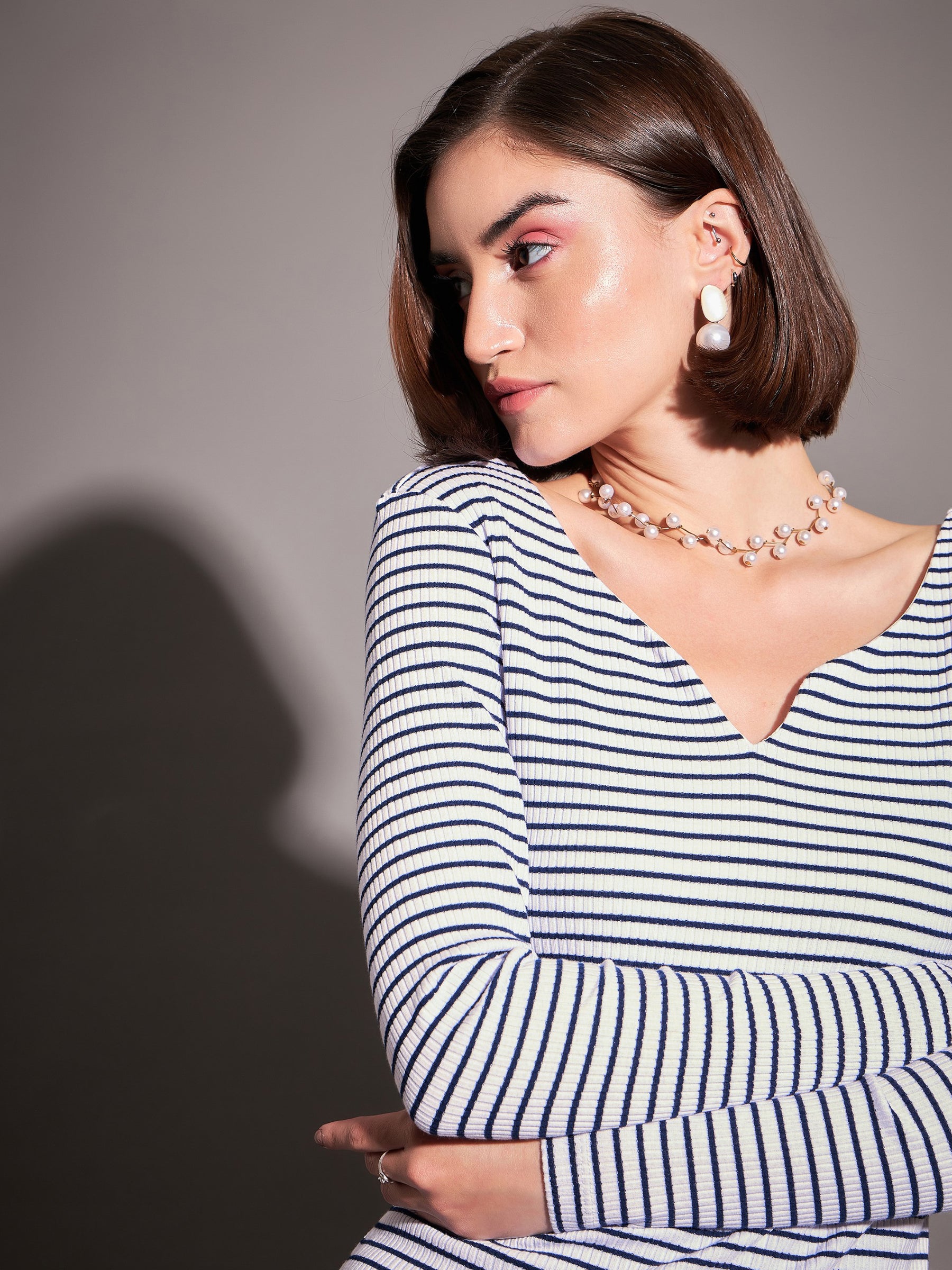 Women Navy & White Striped Rib Sweetheart Neck Top