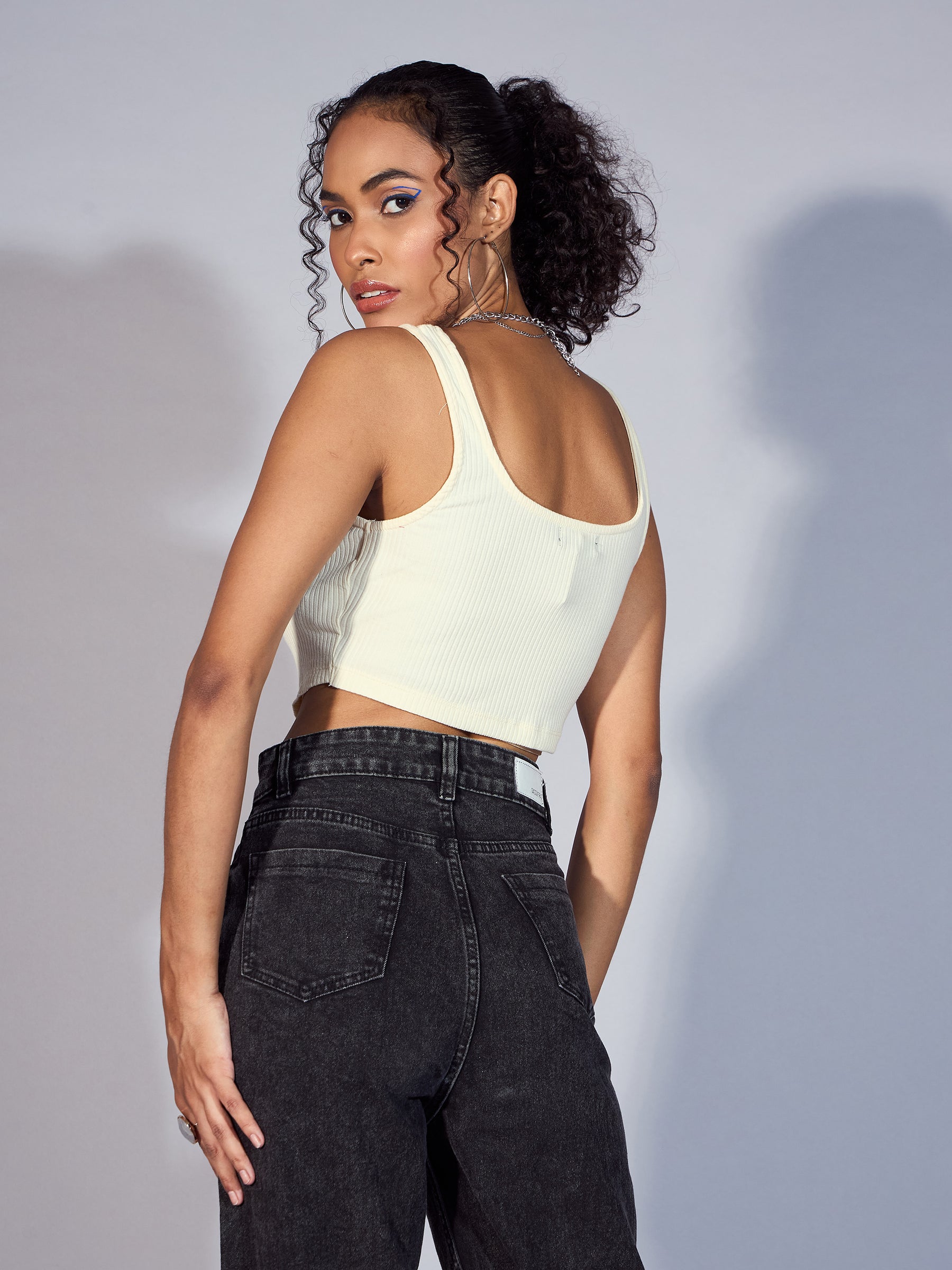 Women Off-White Rib High Low Hem Crop Top