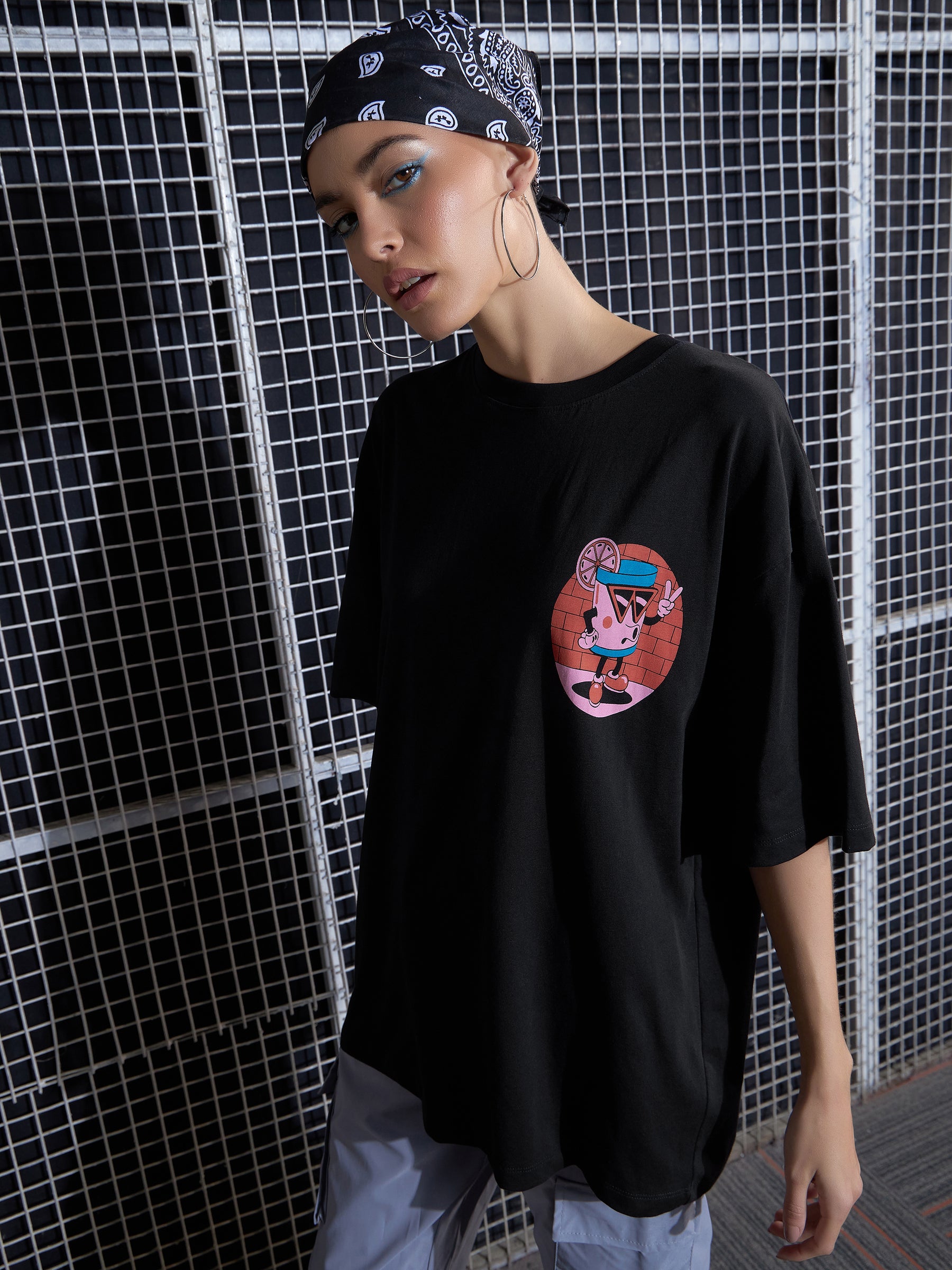 Women Black Cartoon Printed Oversized T-Shirt