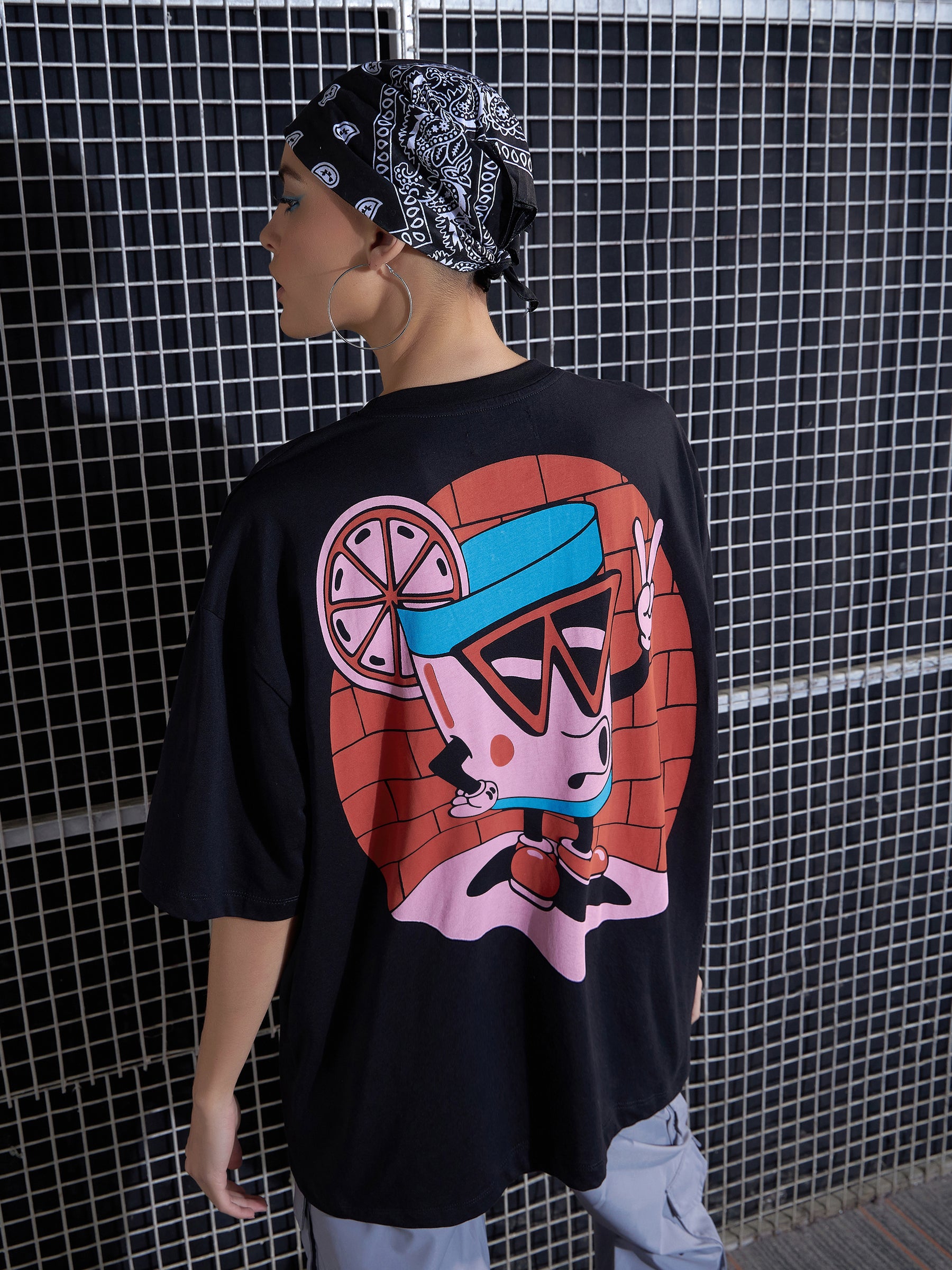 Women Black Cartoon Printed Oversized T-Shirt