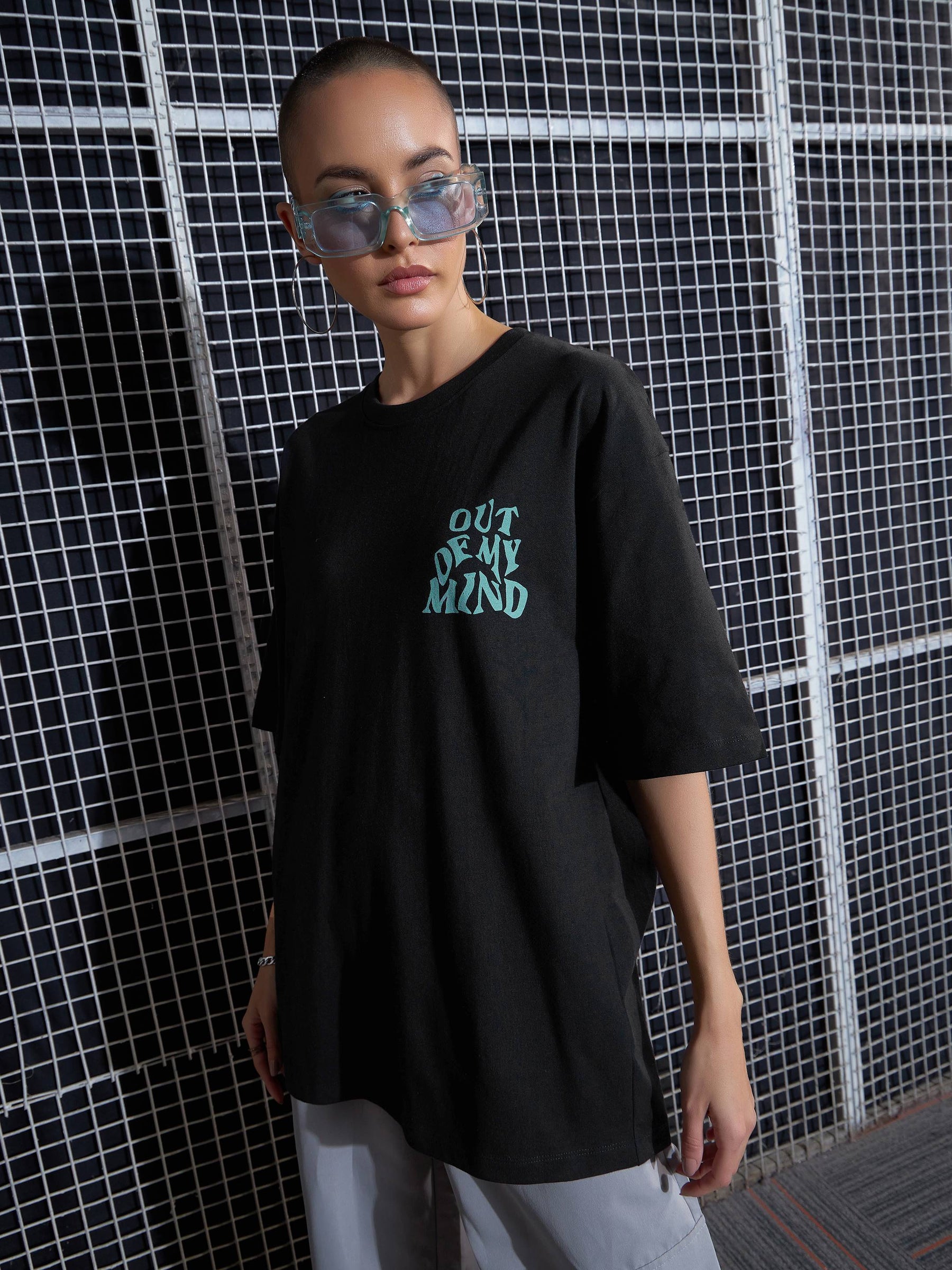 Black OUT OF MY MIND Printed Oversized T-Shirt-SASSAFRAS