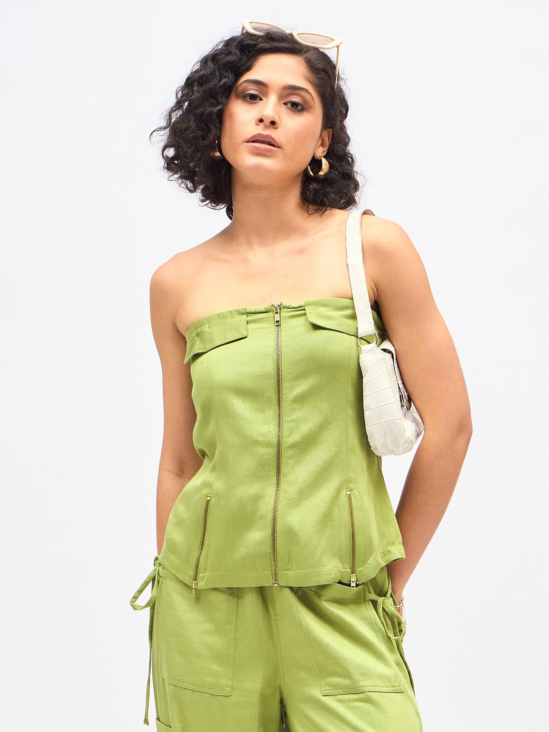 Olive Twill Front Zip Detail Corset Top-SASSAFRAS