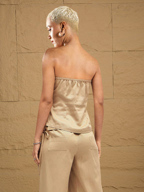 Beige Twill Front Zip Detail Corset Top-SASSAFRAS