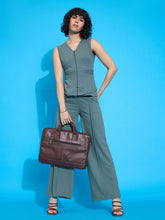 Green Sleeveless Zipper Peplum Top With Straight Fit Trousers-SASSAFRAS worklyf