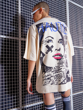 Beige HAUTE Printed Oversized T-Shirt-SASSAFRAS